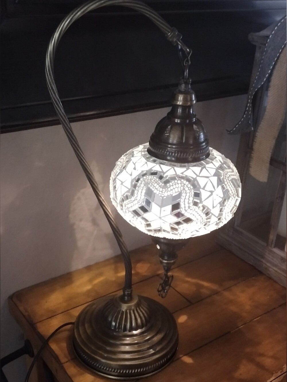 Turkish Mosaic Glass Table Lamp - White Mosaic Globe - Picture 3 of 8